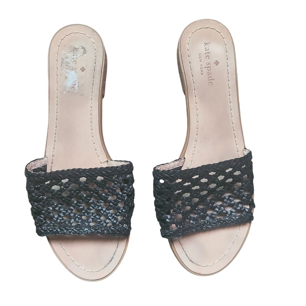 Kate Spade New York Berlin Woven Vamp Black Leather Slip On Flat Sandal 9M